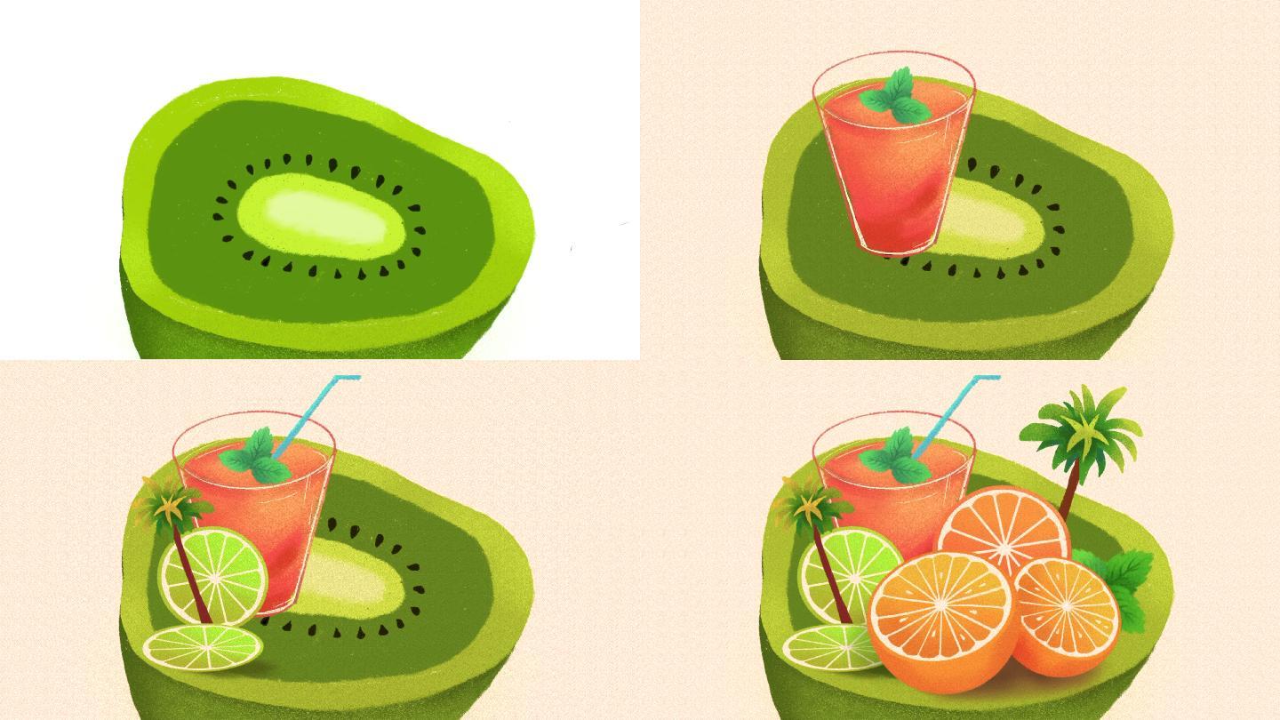 清凉夏日水果饮品手绘动画