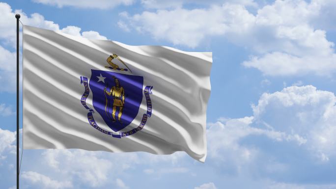 4k美国马萨诸塞州国旗在桅杆上迎风飘扬