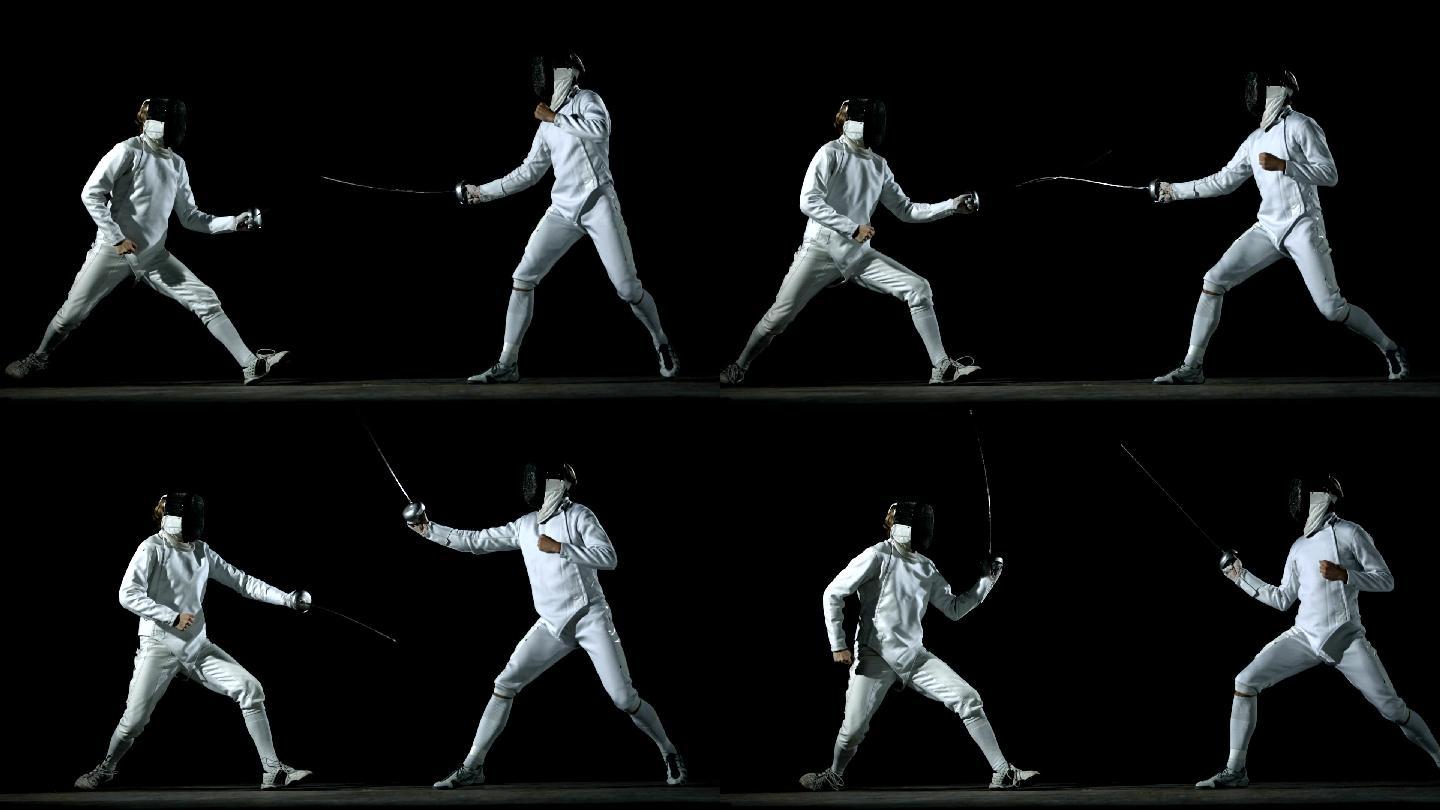 高清：击剑运动员在黑色背景下练习