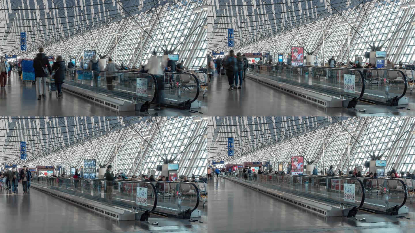 中国上海浦东国际机场航站楼高峰时段人群乘客和游客在自动扶梯走道上行走的4K时间间隔，旅游和交通概念