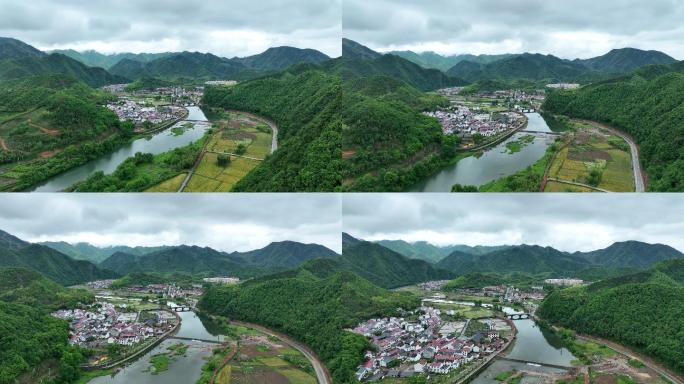 航拍江南浙江杭州绍兴山水田野乡村壶源江