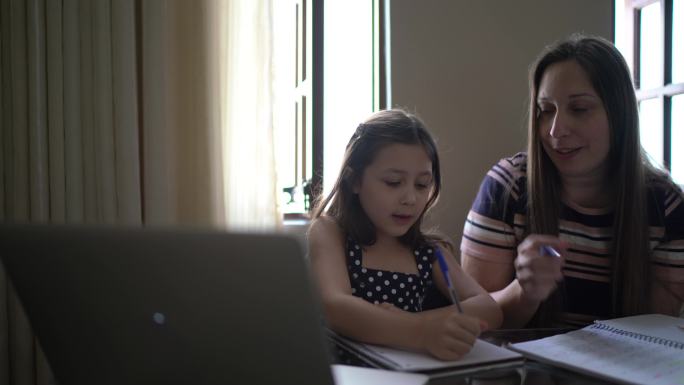 妈妈在家里用笔记本电脑帮助女儿学习