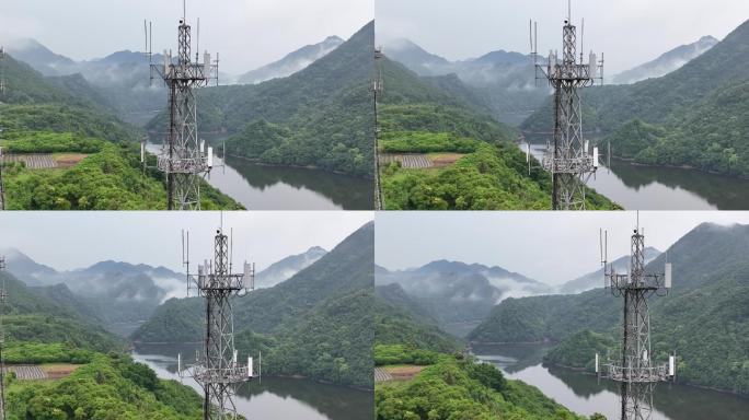 航拍江南浙江山水信号塔5G移动电信联通