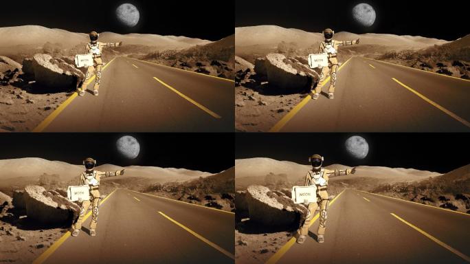 正在寻找登月之旅的宇航员。在火星的山路上搭便车。手持“月亮”标志