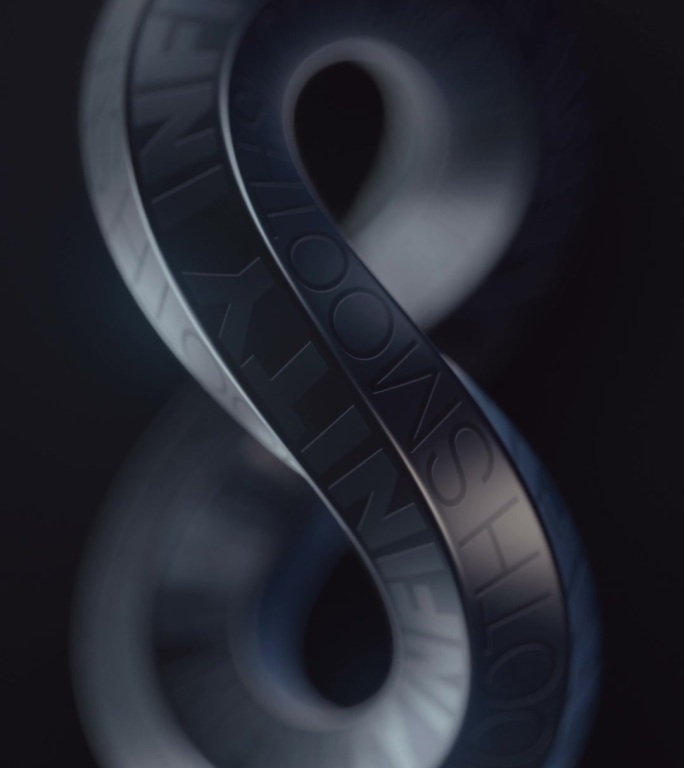 具有景深效果的黑色金属Mobius带的数字无缝循环动画。抽象三维渲染艺术背景。高清分辨率