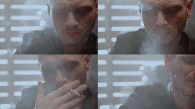 一个深思熟虑、忧郁的男人在窗边抽烟的肖像