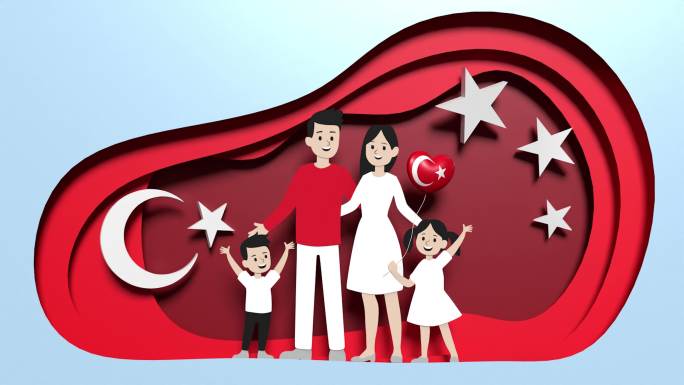 4月23日国际儿童节贺卡，一家人在纸上用4k分辨率制作土耳其国旗