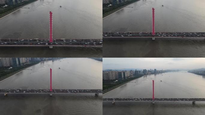 航拍杭州西兴大桥车流