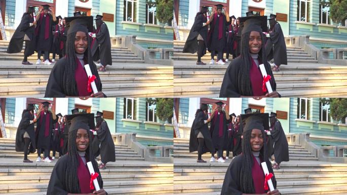 毕业当天，一名女毕业生穿着礼服和迫击炮板的肖像