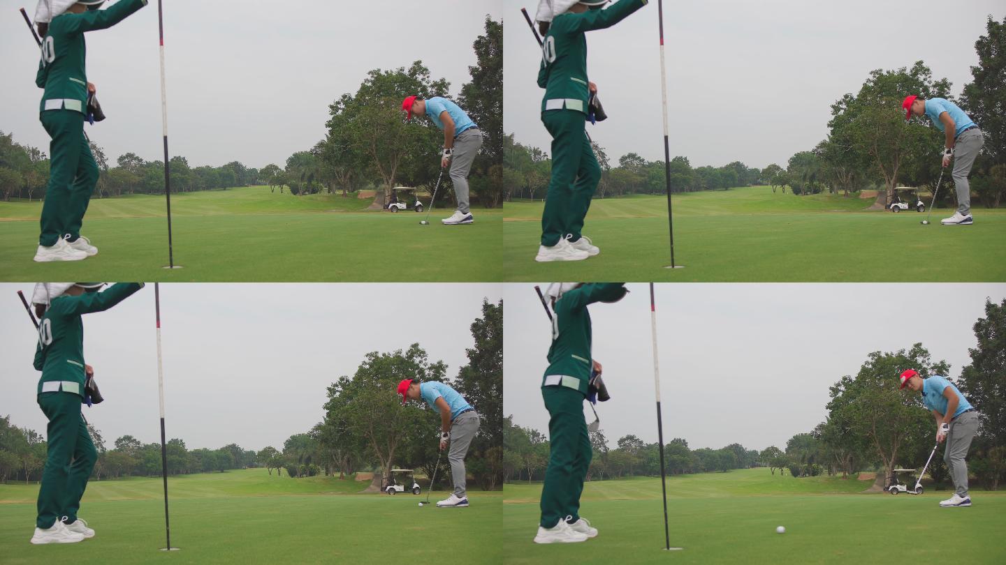 4K亚洲男子高尔夫球手在球道上把高尔夫球打过一个洞