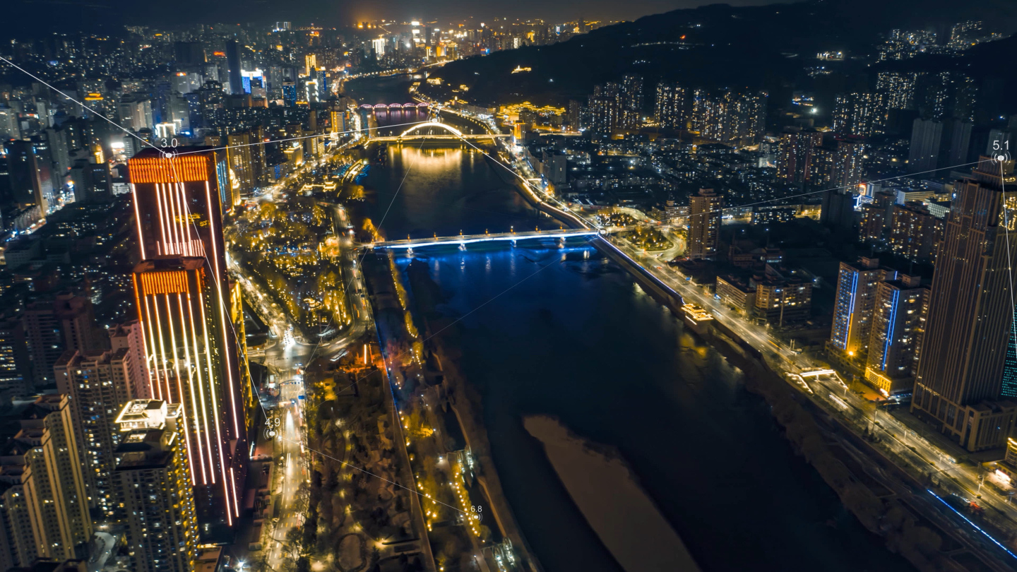 4K兰州科技智慧城市航拍延时特效夜景