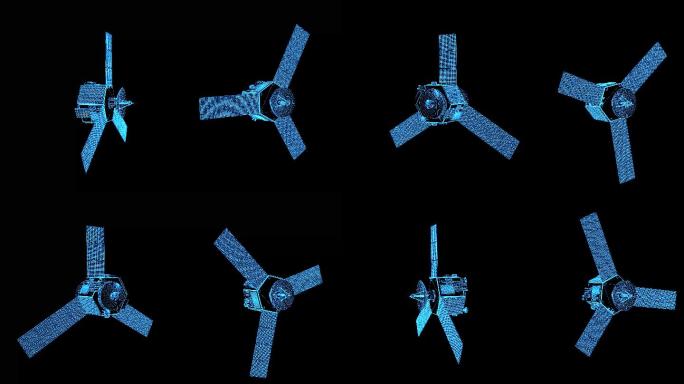 4K蓝色线框全息科技人造卫星动画带通道