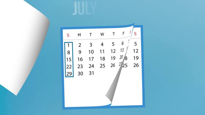 2022年7月日历翻页动画，蓝色背景，4K分辨率