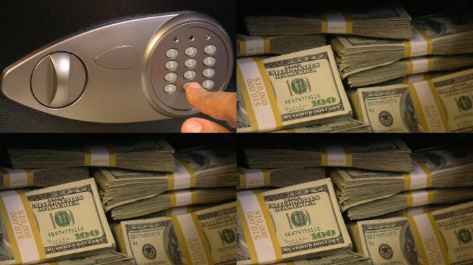 保险箱里装满了美元。钱，现金，美元，银行。