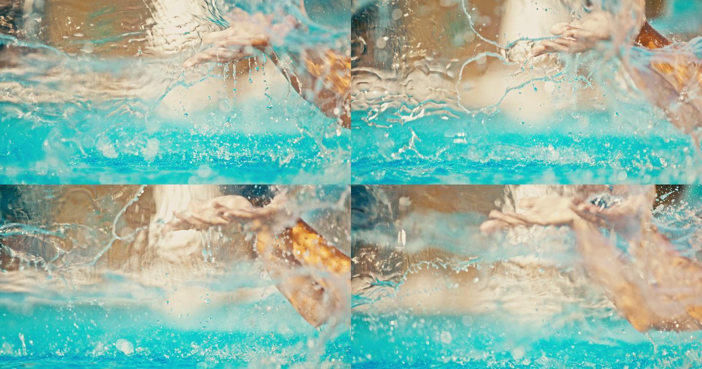 超级斯洛莫：一个不知名的女人在泳池里用手舀水