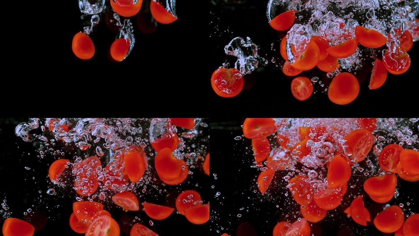 切碎的樱桃番茄掉进水里