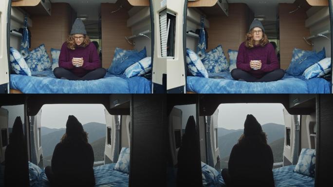 两段视频，一个美丽放松的女人在汽车房里用杯子喝水，看着风景。
