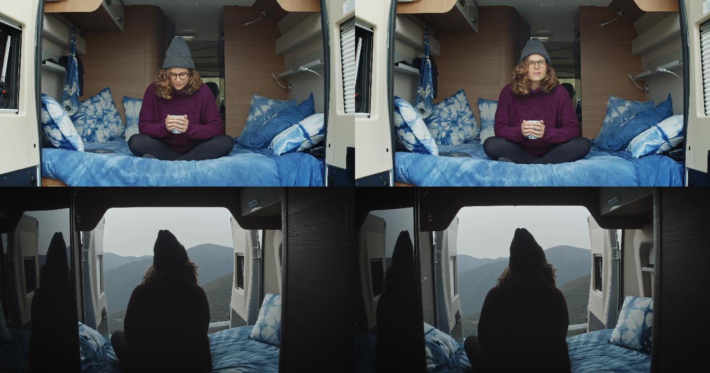 两段视频，一个美丽放松的女人在汽车房里用杯子喝水，看着风景。