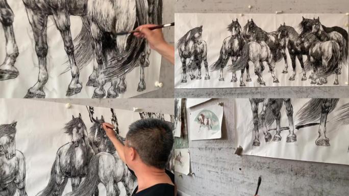 中美协国画大师画马名家创作过程