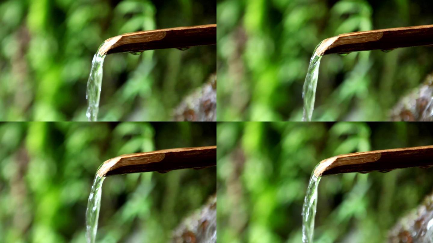 可饮用的山泉水从竹管中流出。