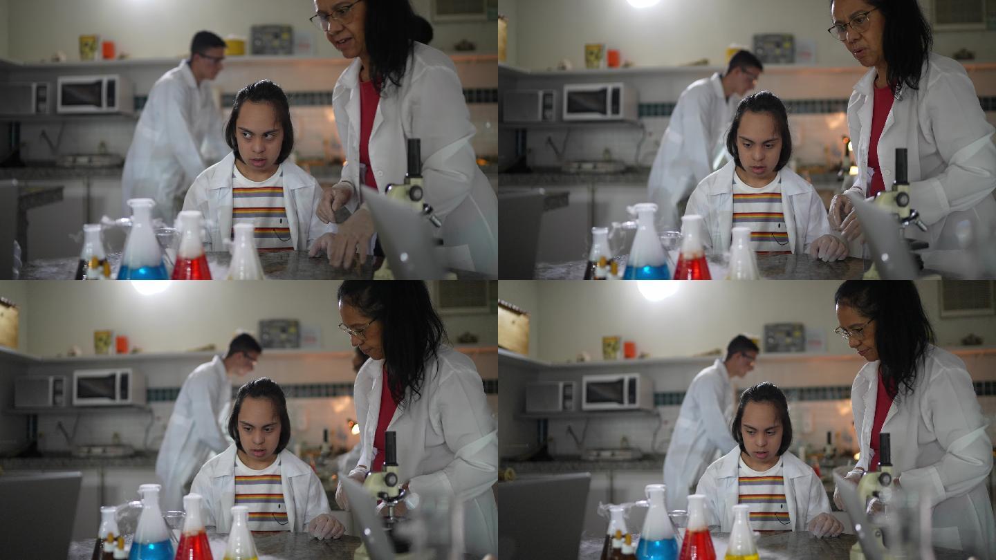 化学老师和一个有特殊需要的学生做实验