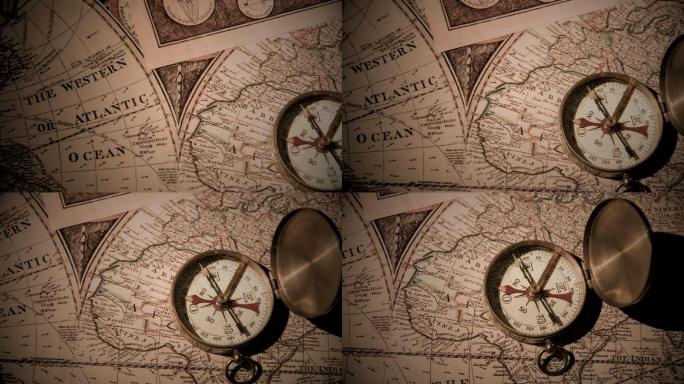 古董地图上的金色指南针