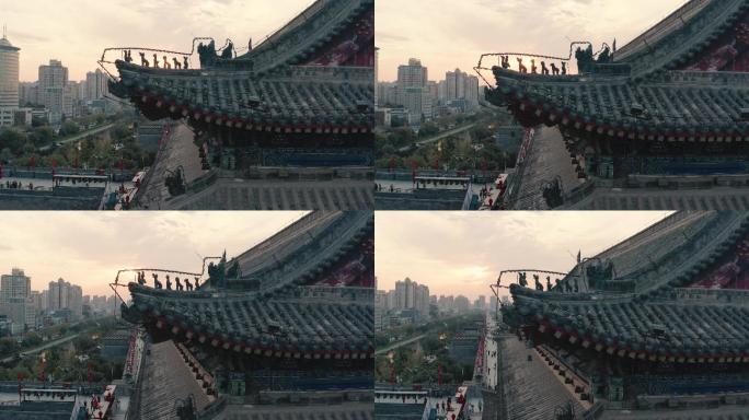 日落时分，中国西安古城墙的无人机视图。