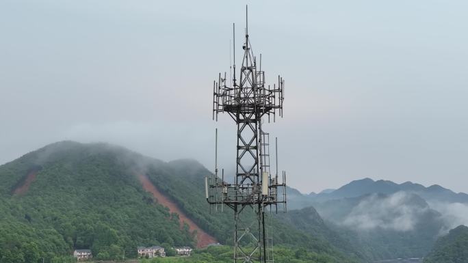 航拍山区云雾5G基站信号塔移动电信联通