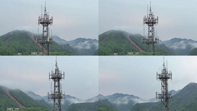 航拍山区云雾5G基站信号塔移动电信联通