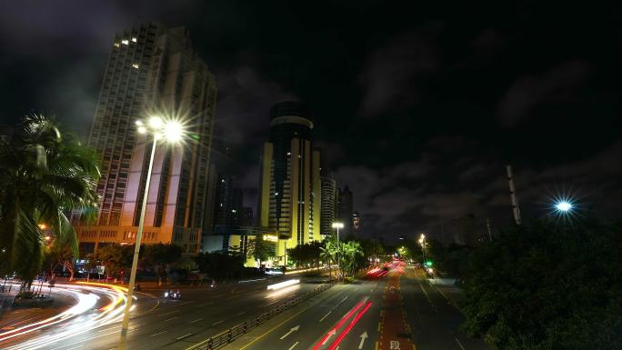 海口深夜忙碌的道路车流流光延时