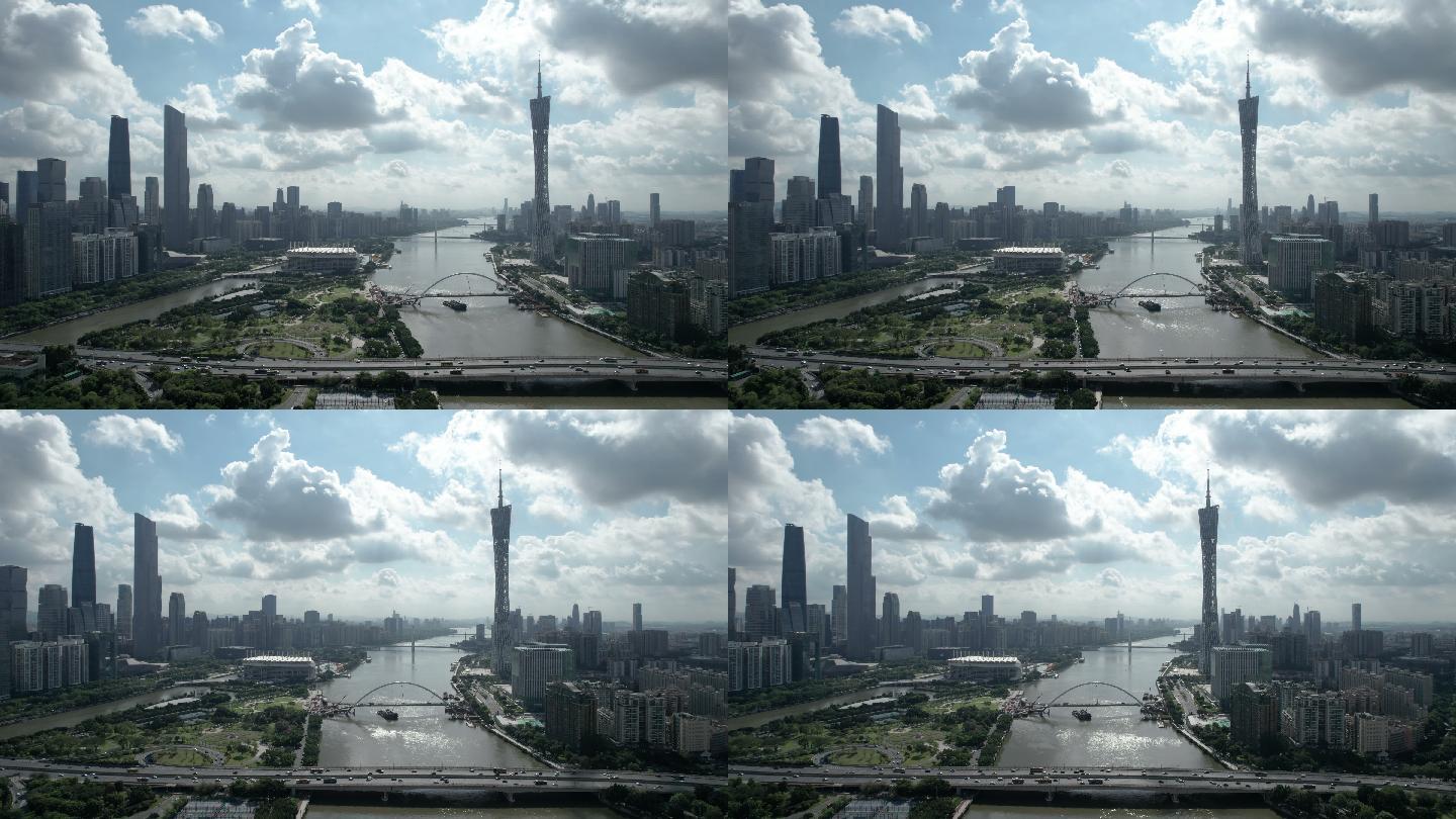 白天城市景观的空中平移视图