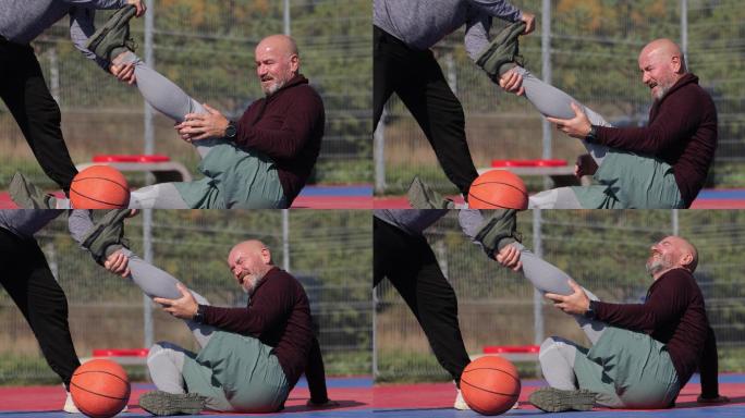 这位老人在和朋友的篮球比赛中伤了膝盖