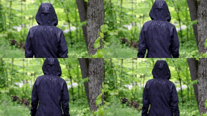 雨中穿著雨衣在森林里徒步旅行的女人