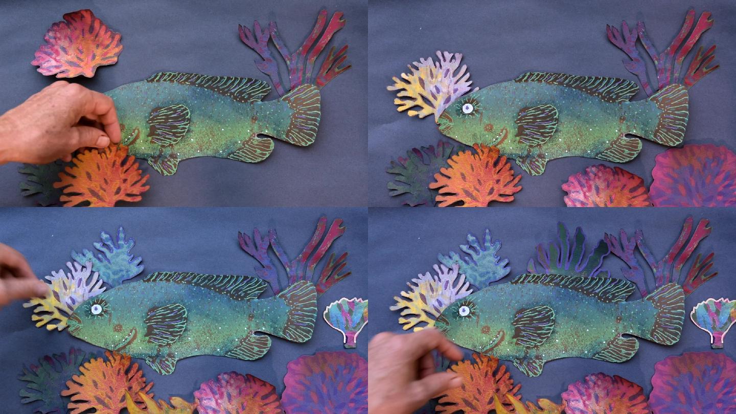 制作一幅海草和鱼的纸质拼贴画