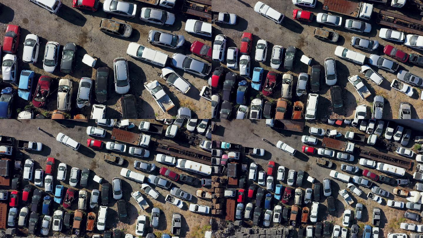 4k无人机拍摄的停在废品场的汽车镜头