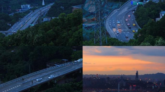 城市立交桥高楼林立道路交通夕阳黄昏