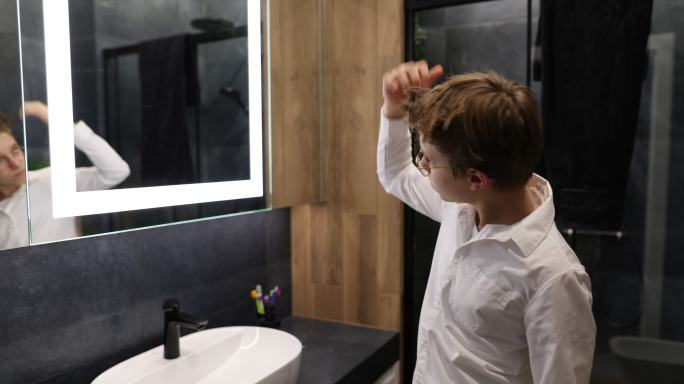 一个十几岁的男孩早上在深蓝色的浴室里做发型。