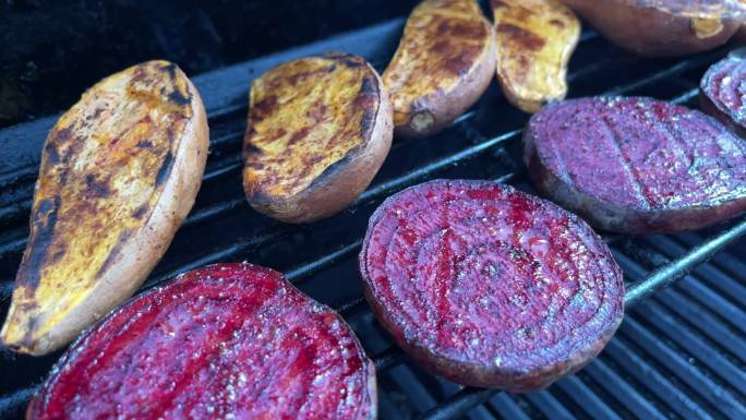 烧烤烤烟熏有机红甜菜和红薯科罗拉多州西部4K视频