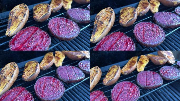 烧烤烤烟熏有机红甜菜和红薯科罗拉多州西部4K视频