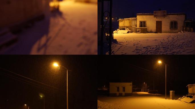 雪中房屋 路灯灯光 白雪皑皑 夜晚夜景