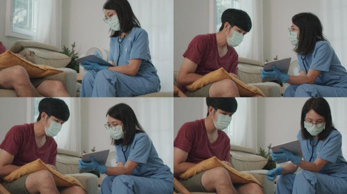 亚洲女医生给病人检查身体。