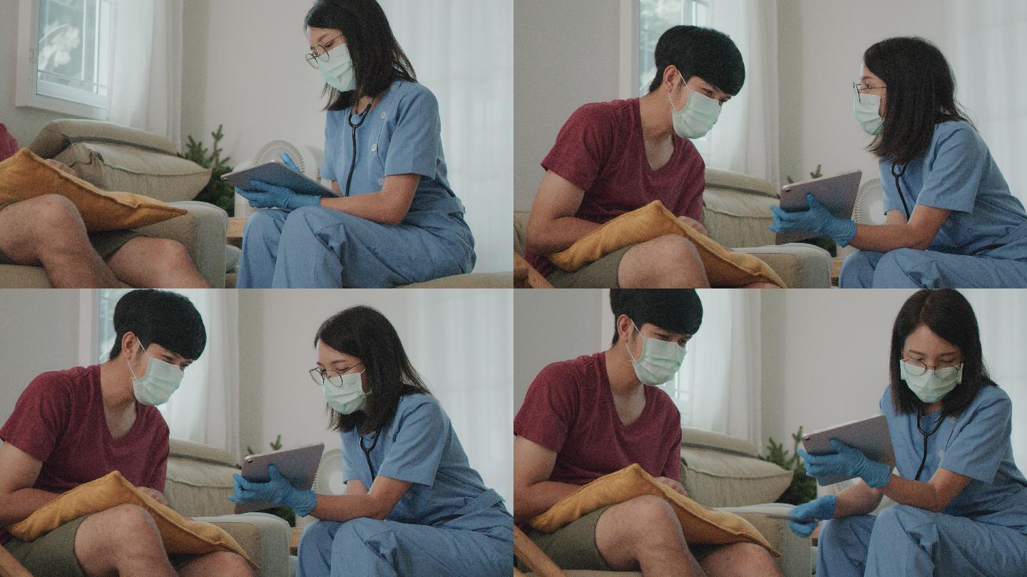 亚洲女医生给病人检查身体。