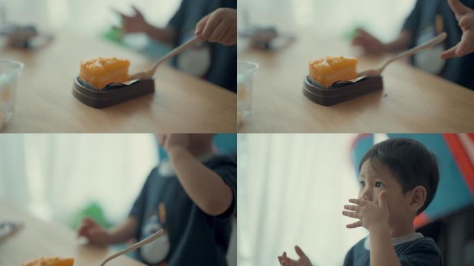 享受吃橘子蛋糕的孩子们，一个孩子生命中的每一天。