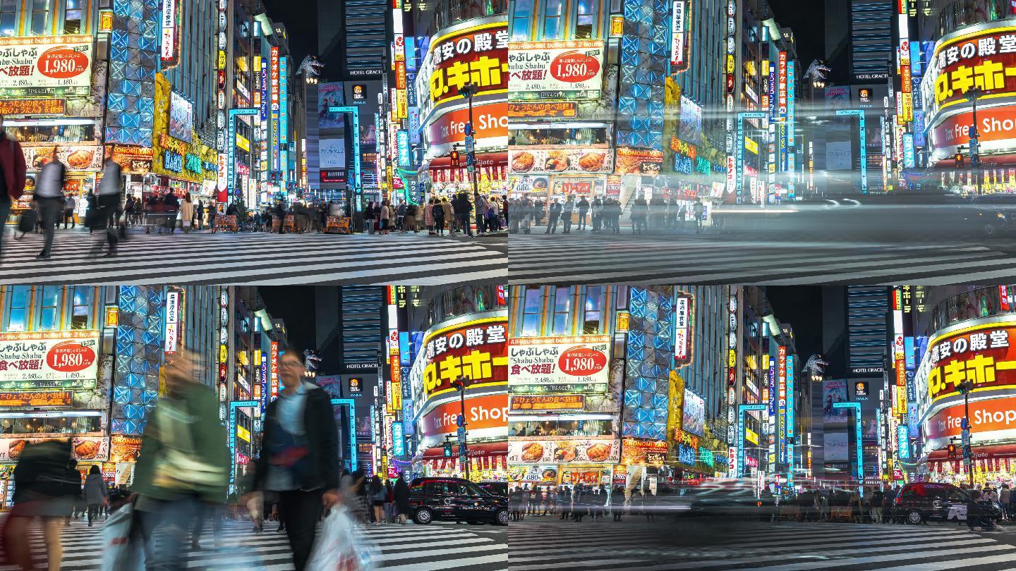 4K延时：缩小日本东京哥斯拉路新宿区夜间购物街上的交通和人群