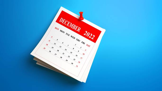 蓝色背景上的2022年12月日历。循环视频