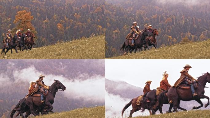 斯洛·莫骑着奔马的两个牛仔和牛仔女孩