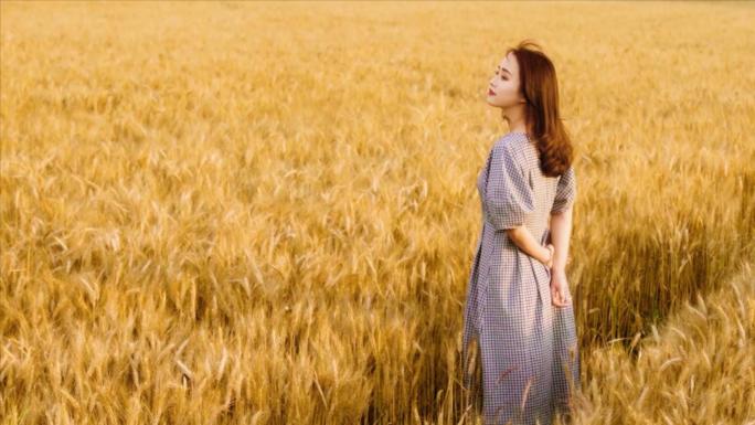 年轻女子走在金黄的麦田里