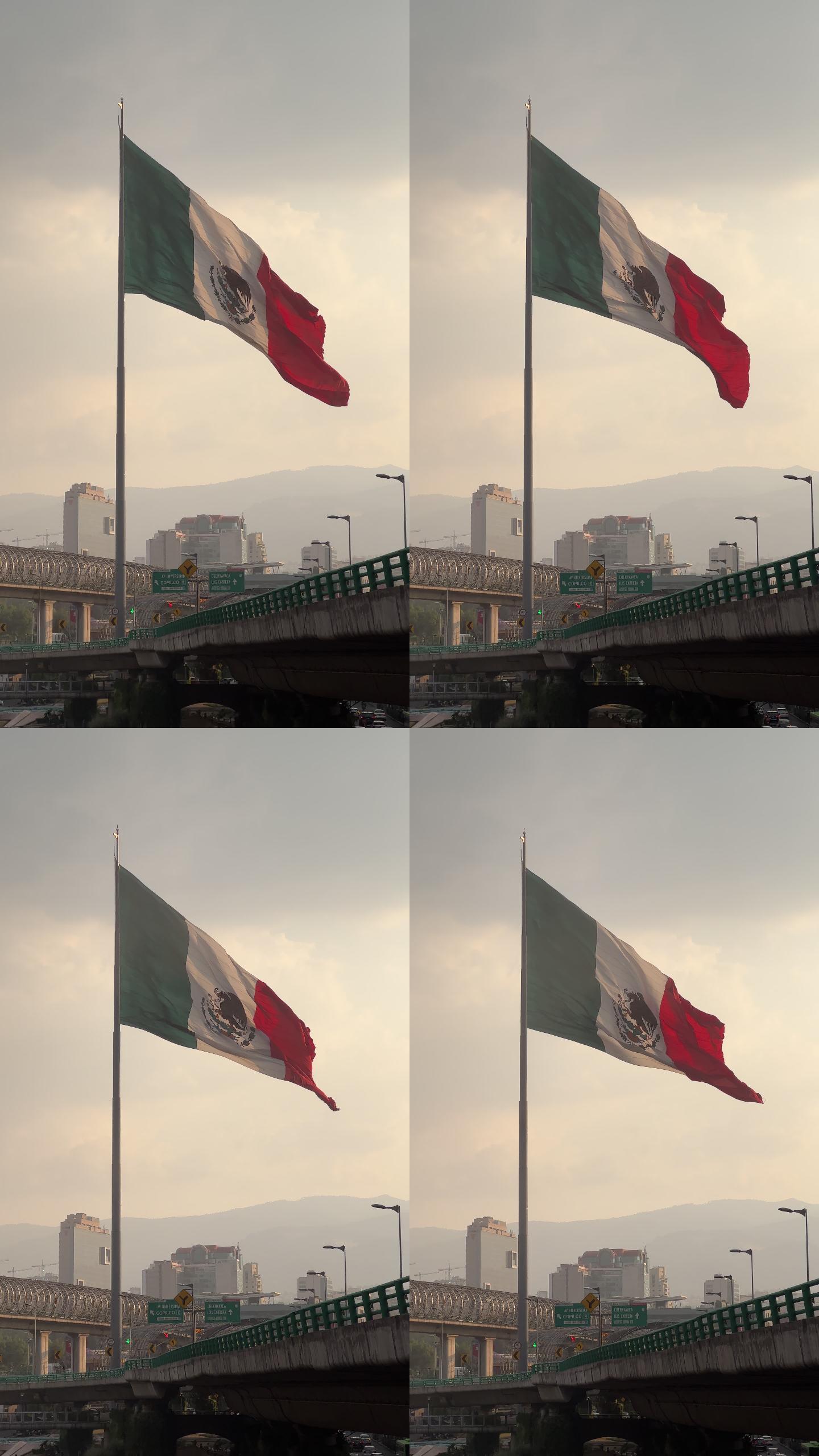 日落时墨西哥城的纪念旗