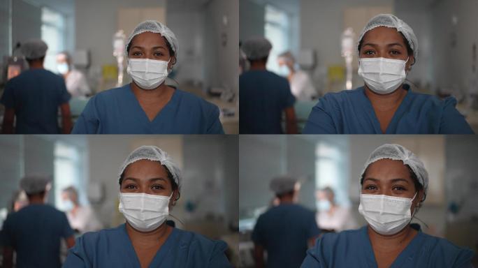 使用防护面罩的手术室护士肖像