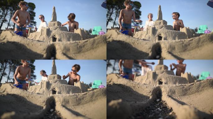 孩子们在沙滩上建造沙堡